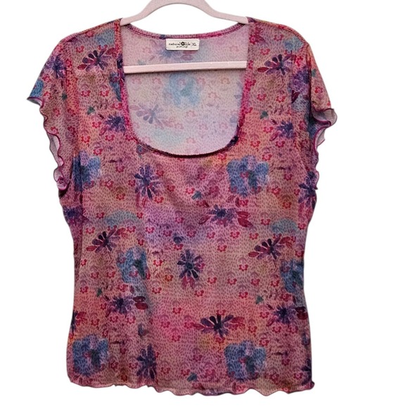 NATURAL LIFE Tops - Natural Life Mesh Top Sheer XL Pink Floral Lettuce Edge Boho Whimsygoth Fairy